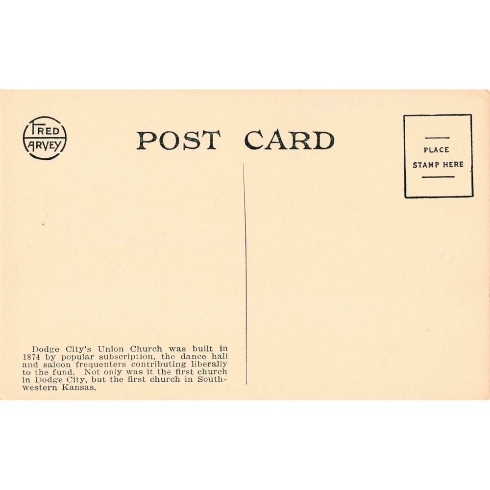 Fred Harvey Postcard H-4106 First Church Dodge City Kansas 1874 Divided Back - Picture 2 of 2